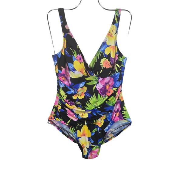 Miracle Suit Black Hibicus Floral No Underwire One Piece Swimsuit Women's 12 - Picture 1 of 4